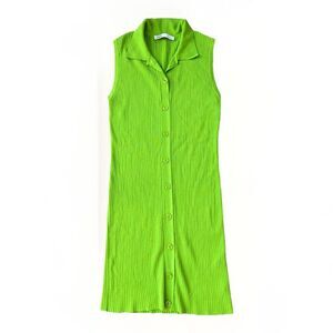 ZARA Bright Green Button Front Dress Size M Ribbed Sleeveless Tight Stretch